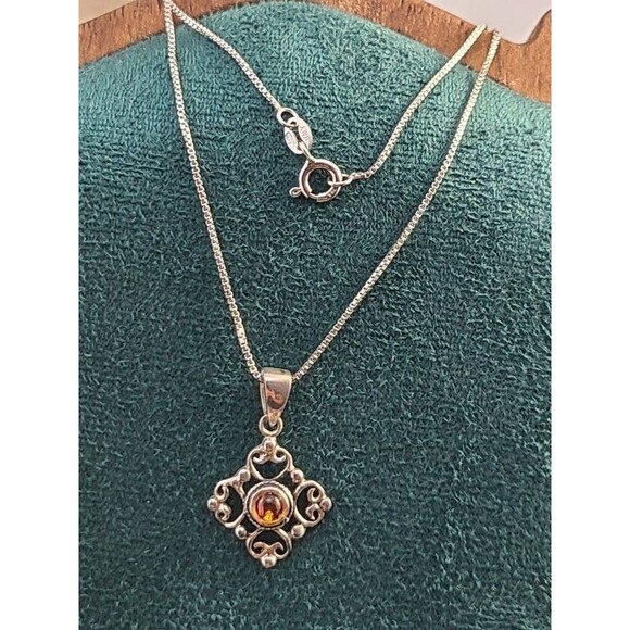 Sterling Silver Amber Pendant Necklace 18" Ornate Scrollwork 925 Vintage Artisan - Picture 3 of 8